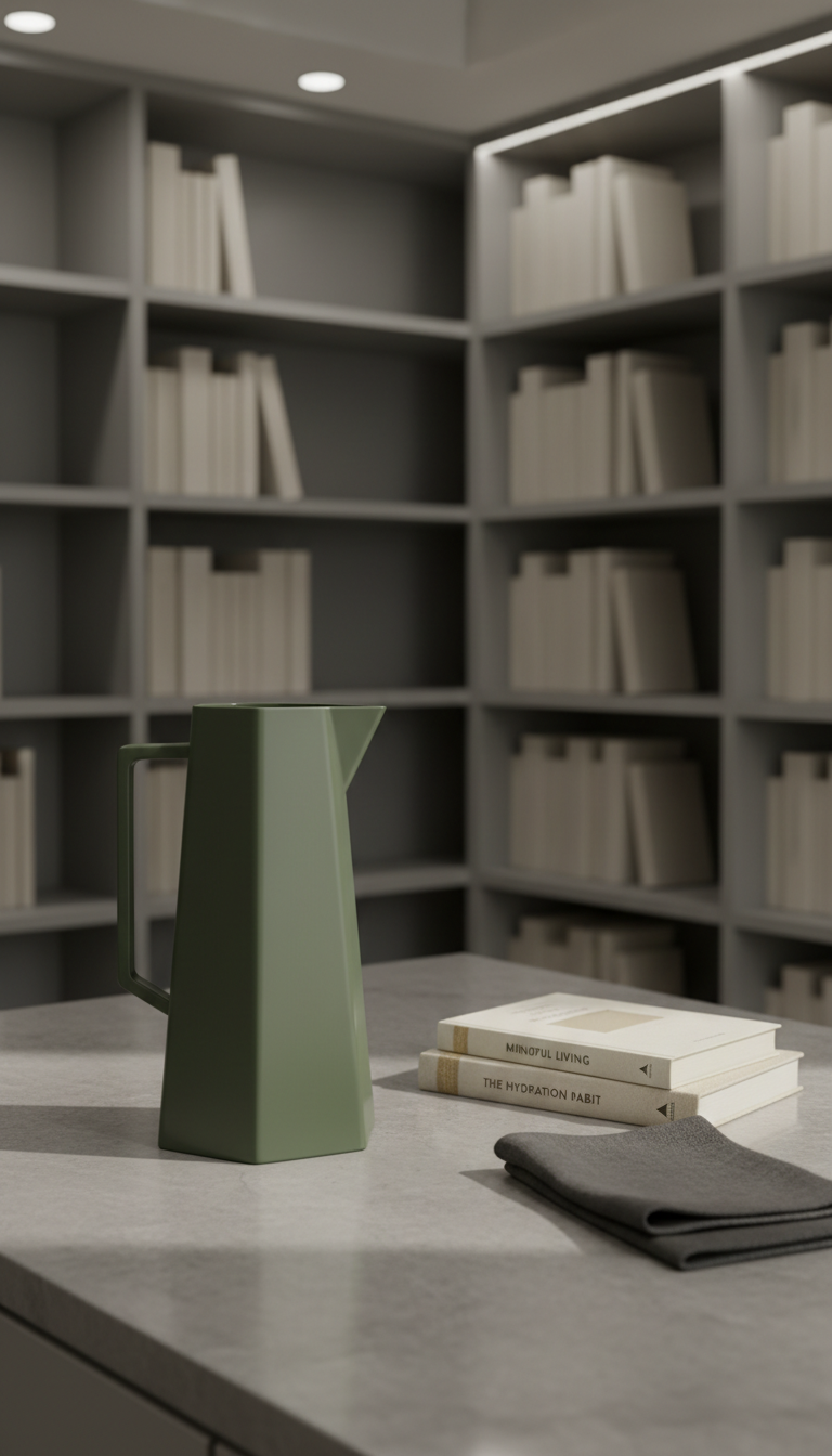 A crisp, dark green ceramic water carafe with modern angular lines and a matte glaze, positioned elegantly on a smooth stone countertop in the corner of a minimalist office library. Nearby, a neatly folded charcoal linen napkin and a stack of neutral-toned wellness books reinforce a palette of clean, understated tones. Ambient overhead lighting casts a soft glow across the carafe, with subtle highlights accentuating its form and gentle shadows grounding the scene. Captured from a slightly elevated angle, the composition applies rule of thirds for visual harmony. The overall effect is sophisticated and serene, blending photographic clarity with a structured, professional style that promotes daily hydration rituals as part of the health journey.